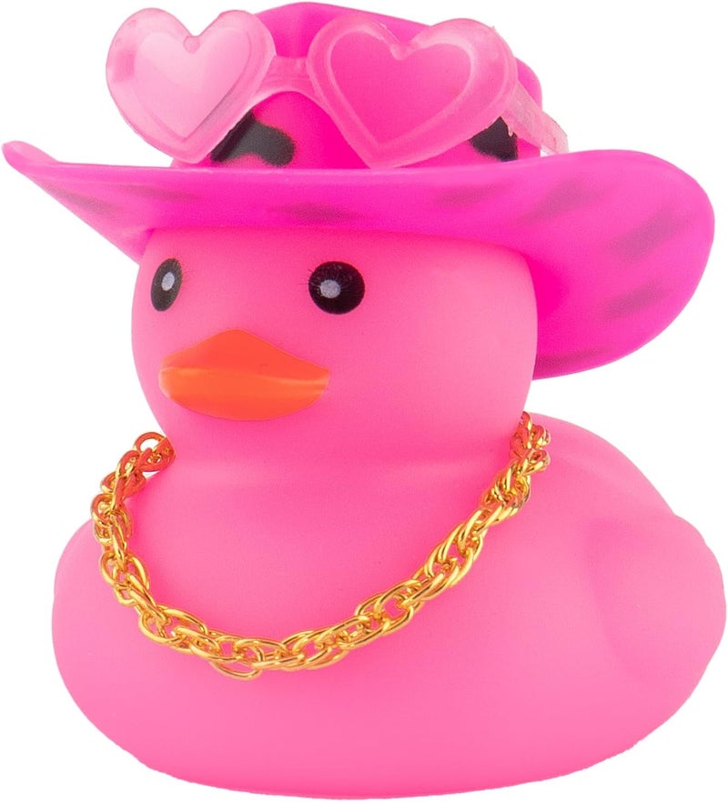 wonuu Car Cowboy Rubber Ducks, Dashboard Decorations Pink Duck for Car Ornament Accessories with Hat Heart Glasses Chain, Pink Black - Image 1